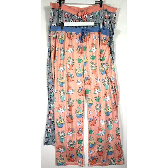 Nite Nite Munki Munki Pajama Pants Lot 2X Cats Garden Camper Soft Tie Waist - Picture 1 of 11